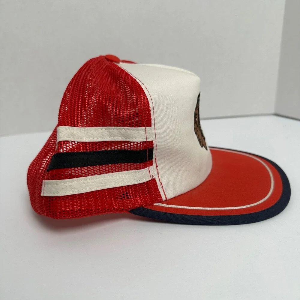 Vintage Chicago Blackhawks Tri Stripe Trucker Hat Ted Fletcher Red White NHL